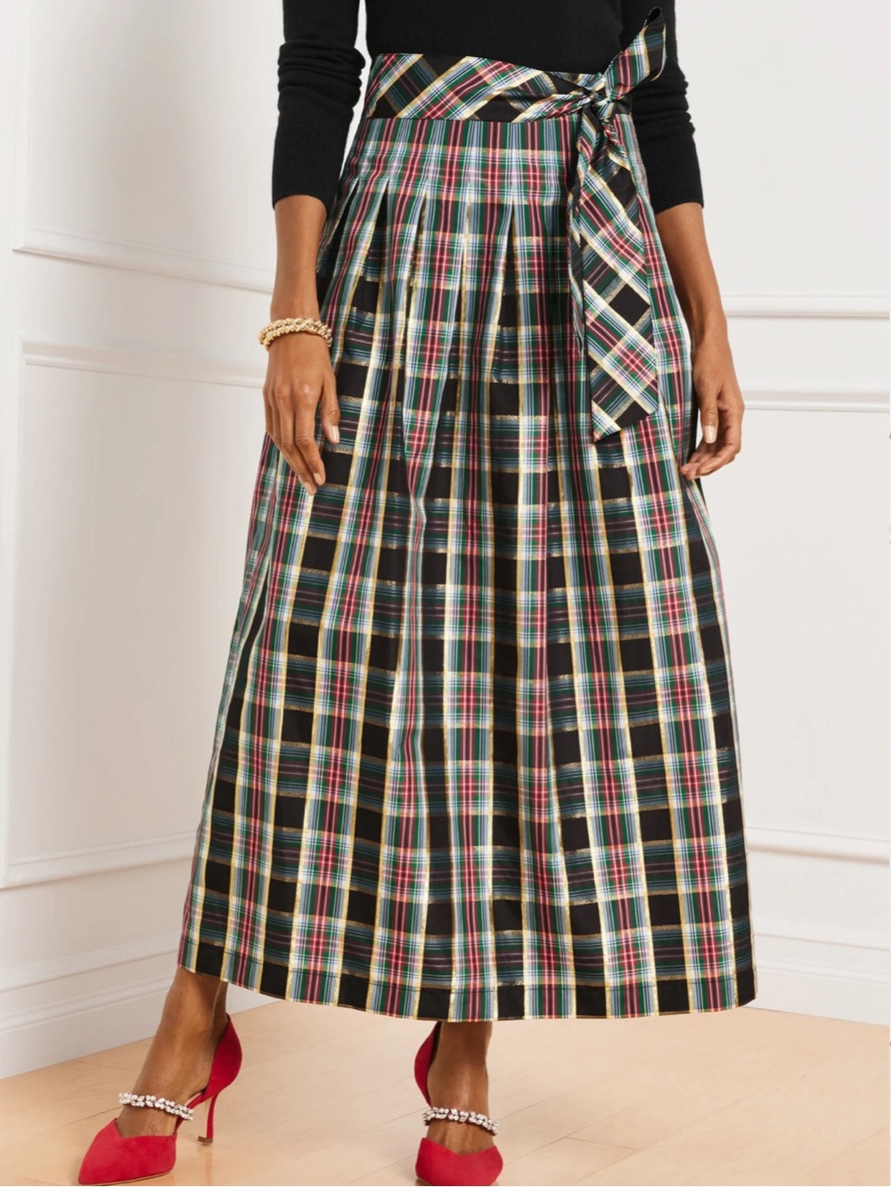 Talbots Metallic Taffeta Patio Maxi Skirt Celebrate Plaid Holiday Festive Sz 8
